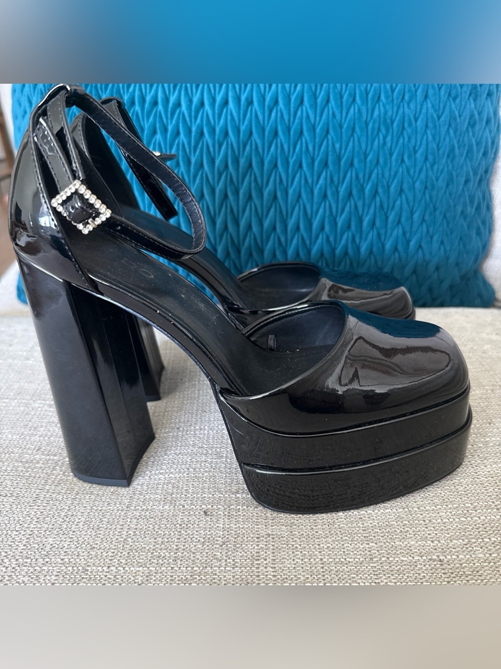 Aldo Black Patent Platform Mary Jane Heels with Rhinestone Buckle